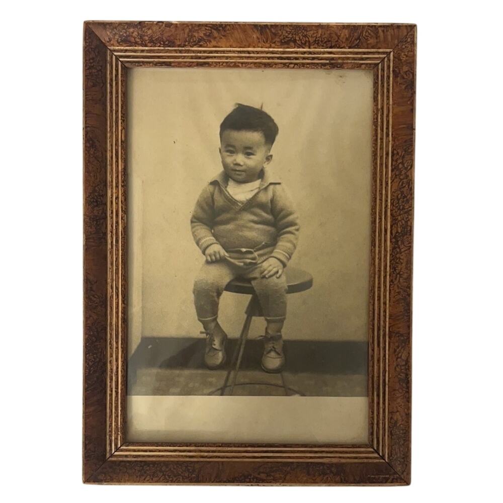 Vintage 1930s Framed Photo of a Young Boy Child Sitting on a Stool - Collectible